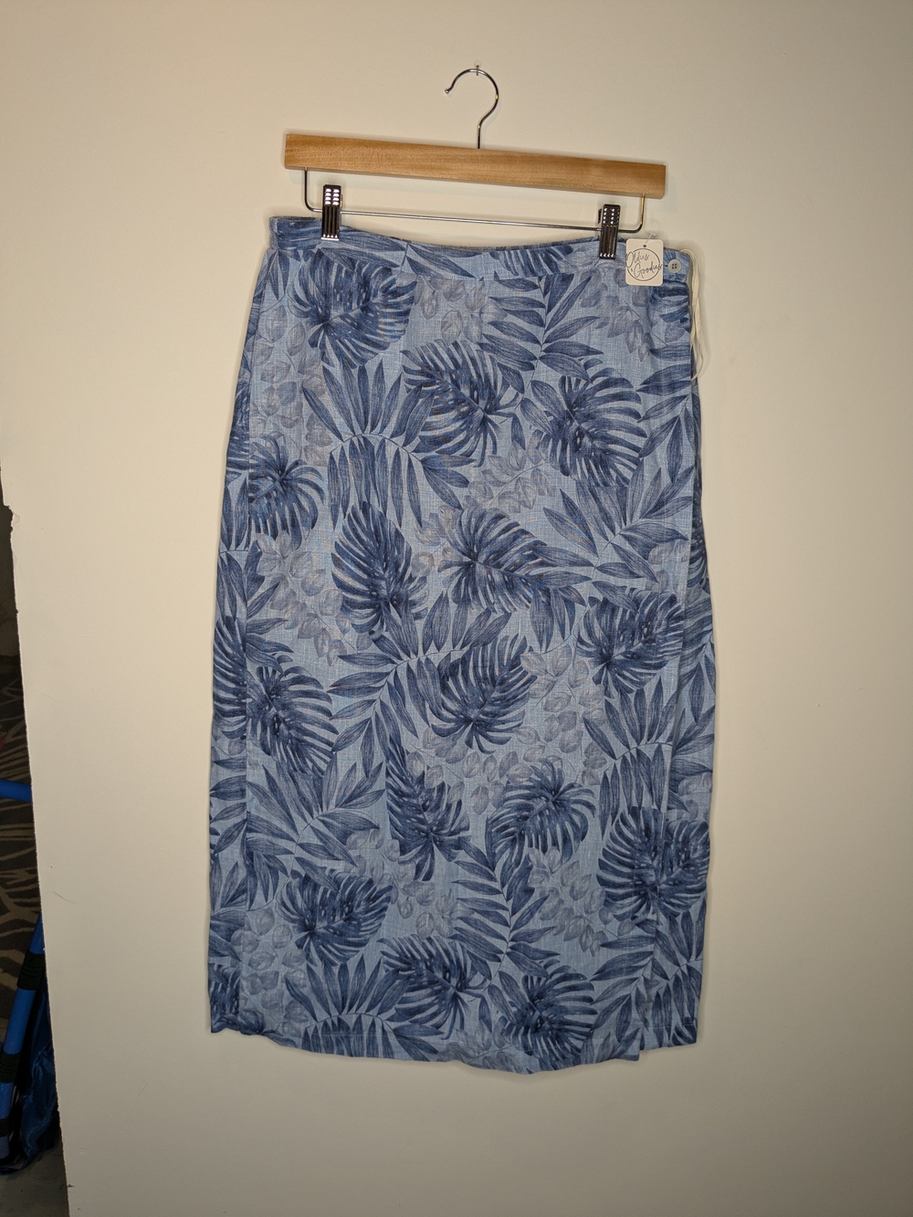 Vintage Linen Blue Tropical Print Midi Wrap Skirt Size 14